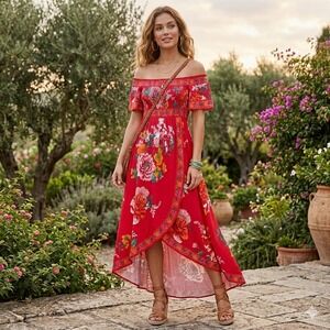 Jealous Tomato Floral Maxi Dress Womens Large Red Smocked High Low Boho